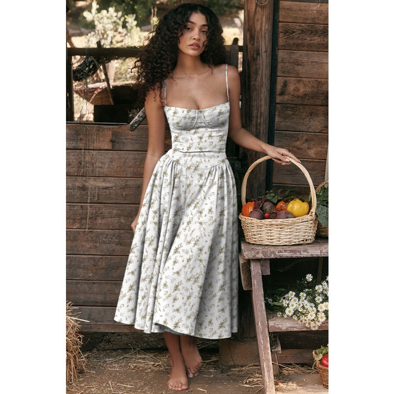 Women's summer amazon dress: french retro long dress, court style dopamine outfit, spaghetti strap dress for women