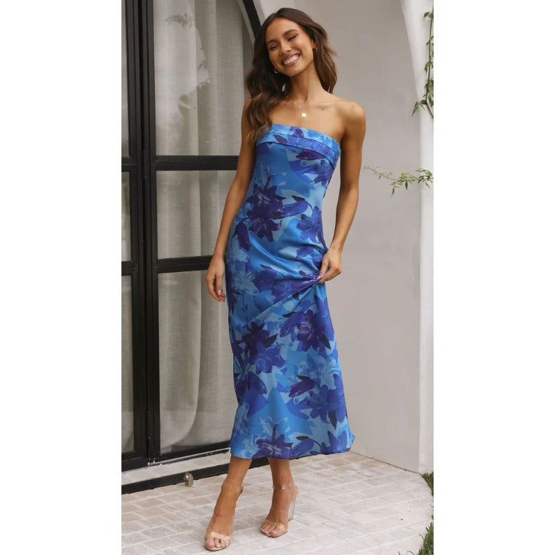 Women's dress - cross-border fashion, european & american amazon style, spring/summer elegant socialite satin backless bandeau dress with print