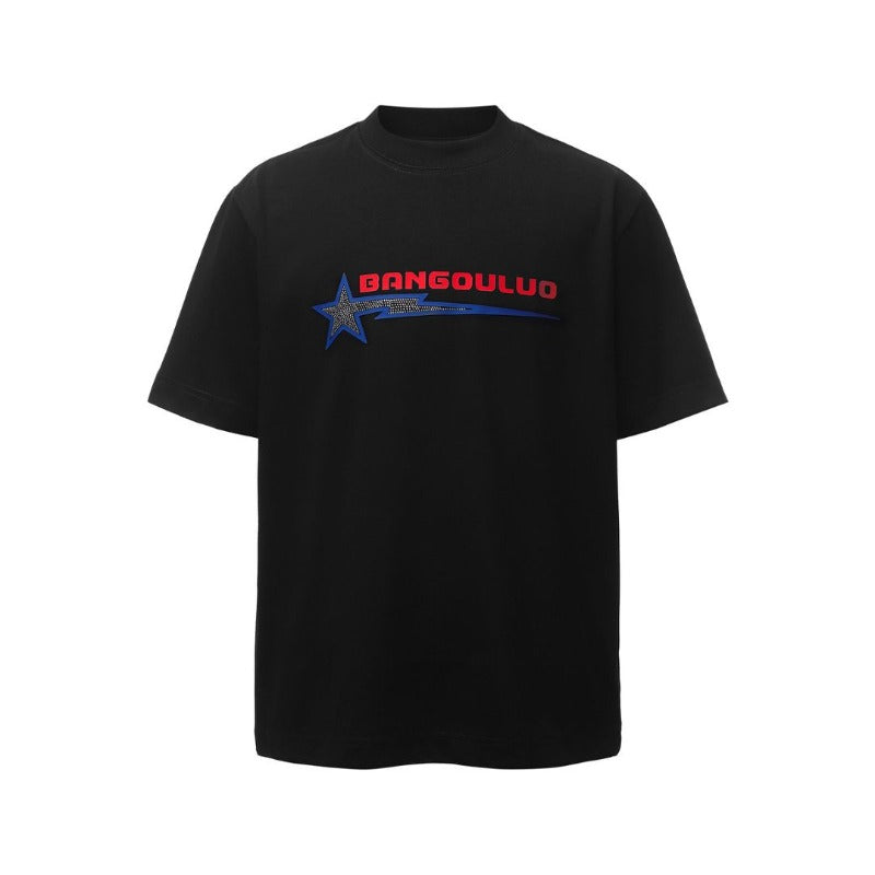 Men's t-shirts: american retro heavyweight double yarn printed hotfix rhinestone graphic design, men's high street oversized short sleeve tee