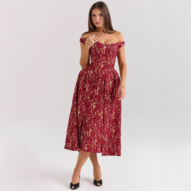 Women's dress - spring/summer european & american style - fashionable, elegant, one-shoulder, backless, slim-fit, waist-cinching, printed dress for women
