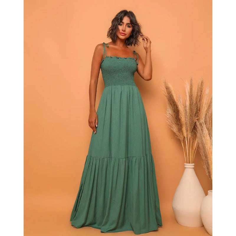 Women's dress: european and american style, solid color, high-waisted, slimming, elegant, vintage-inspired, spaghetti strap, maxi length, dress, light luxury