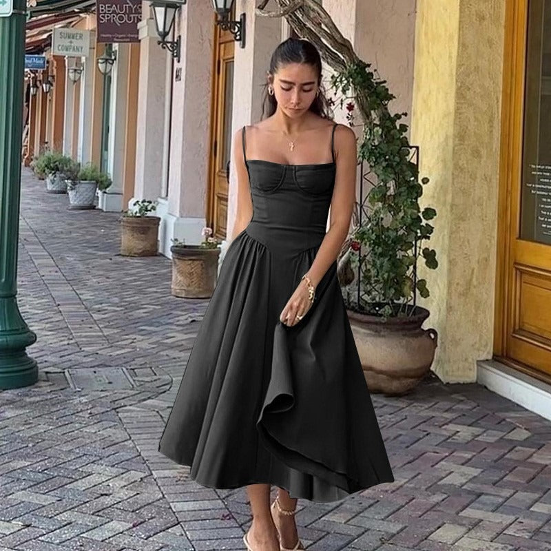 Women's summer amazon dress: french retro long dress, court style dopamine outfit, spaghetti strap dress for women