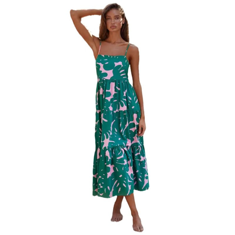 Women's dress - cross-border independent site - european & american summer vacation - spaghetti strap - backless - printed - a-line - long - casual swing dress - women's