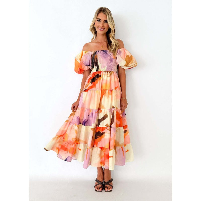Women's dress: bestselling spring/summer one-shoulder printed puffy sleeve a-line dress for cross-border e-commerce (us/european platforms)