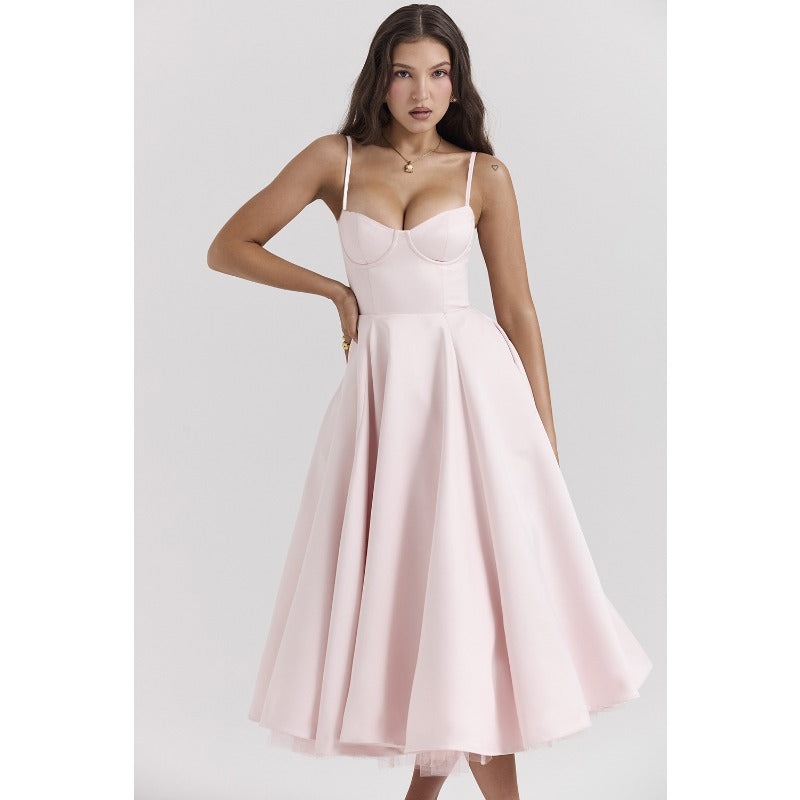 Women's summer dress: european and american high-end princess gown, french style mesh a-line double layer spaghetti strap dress