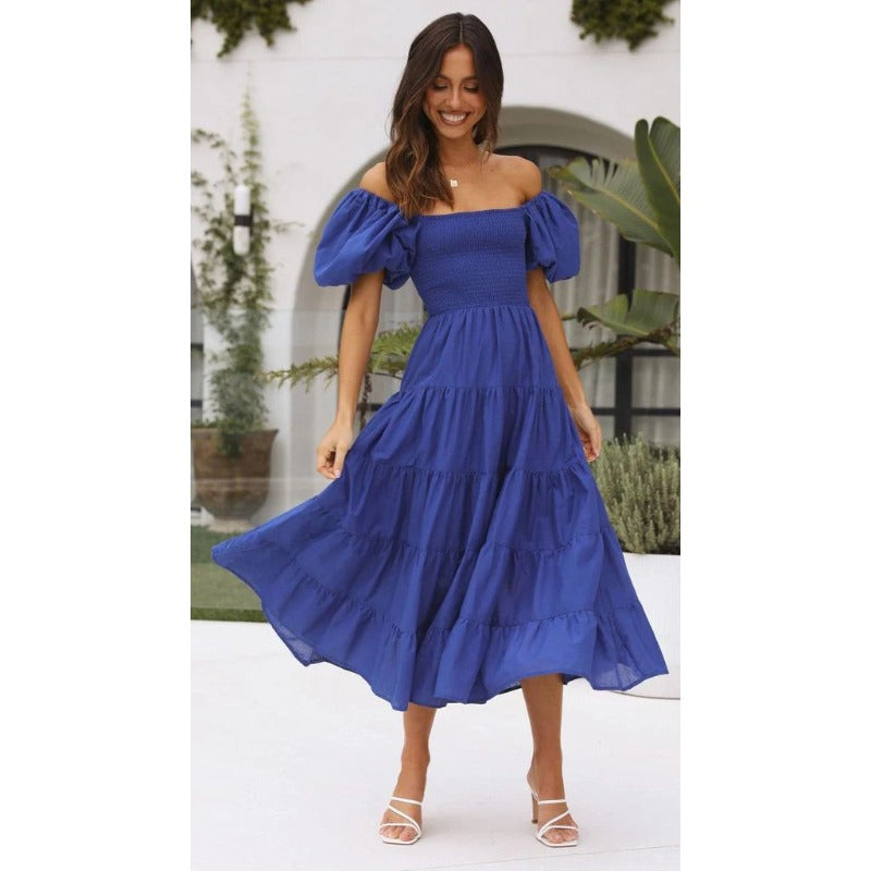 Women's summer dress: european and american style, puff sleeve, slimming maxi dress, hot girl high-waisted off-the-shoulder printed dress