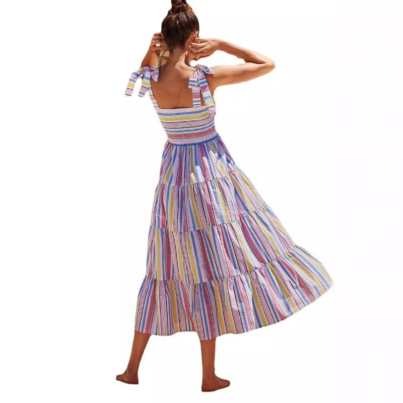 Women's dress - amazon women's clothing - spring/summer european and american casual plaid tie-up bandeau ruched maxi dress