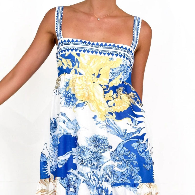Women's dress - ready-to-ship summer collection: european & american style, cross-border, vacation-inspired maxi dress with placement print and spaghetti straps