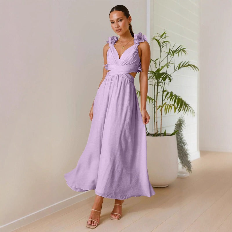 Women's chiffon floral dress - summer bestseller: backless, criss-cross tie, ruched, maxi dress