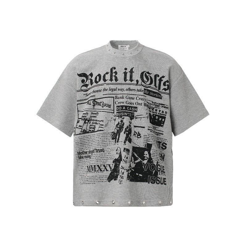 Men t shirts t american retrocouple street trendy waffle grids magazine design rivets high street men's loose round neck t-shirt