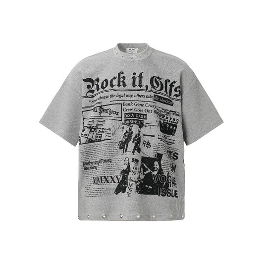 Men t shirts t american retrocouple street trendy waffle grids magazine design rivets high street men's loose round neck t-shirt
