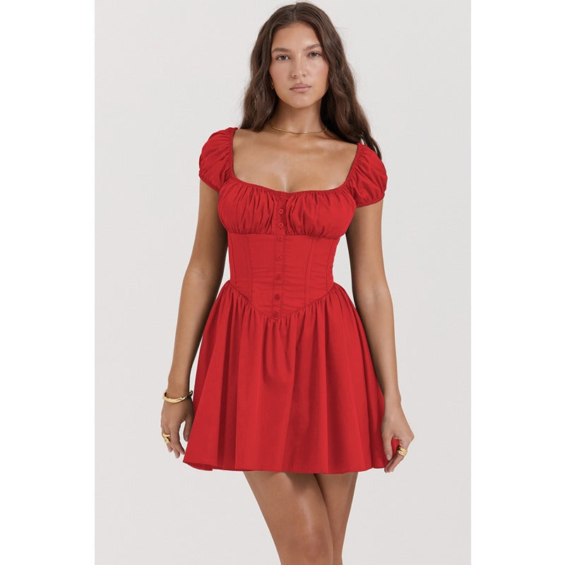 Women's dress - cross-border spring/summer sweet & spicy slim-fit mini dress - puff sleeve square neck dress for women