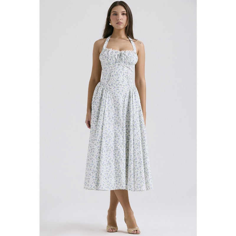 Women's summer slim-fit camisole maxi dress - european & american style fashion print halter neck lace trim dress