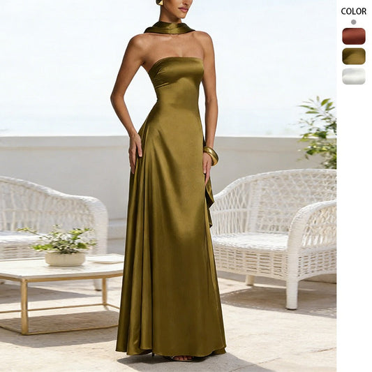 Women's dress - european & american style, sexy, slimming, backless, amazon-inspired bandeau, cinched waist, long formal gown