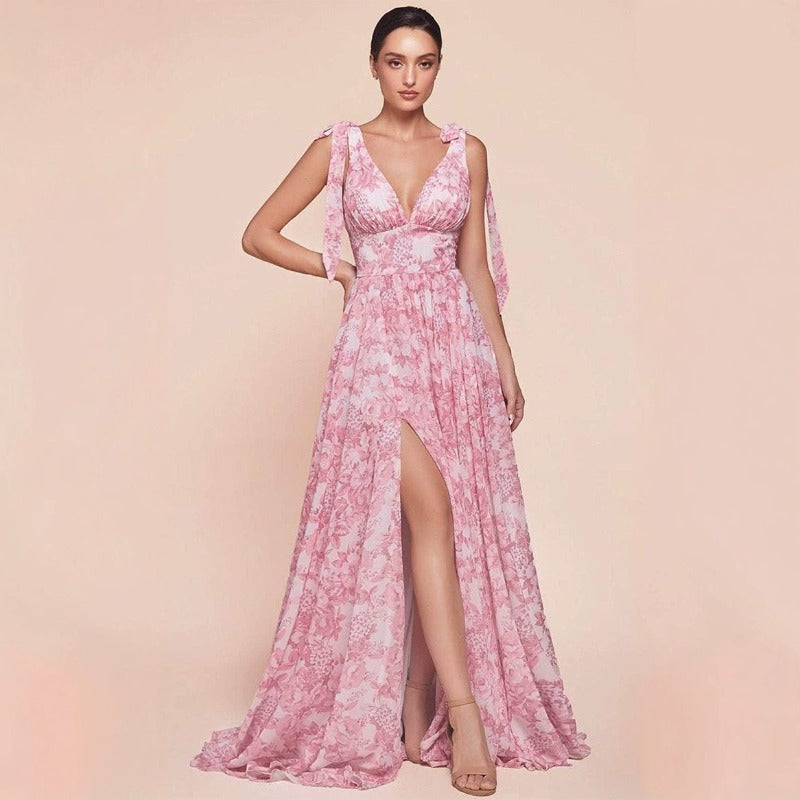 Women's dress - cross-border supply - european & american style - chiffon printed maxi dress - halter neck slit - vacation style dress