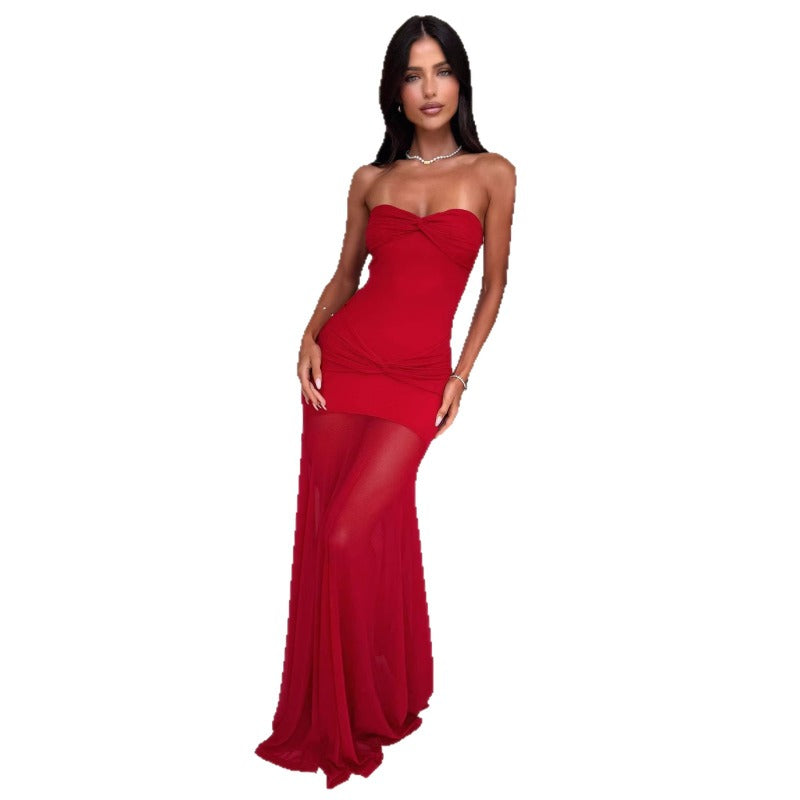Women's summer dress - european & american style - amazon wish - cocktail party & banquet - sexy & alluring - off-the-shoulder bandeau - sheer mesh maxi dress