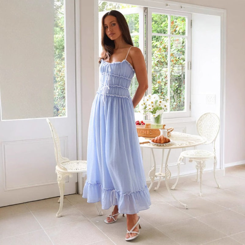 Women's a-line dress - spring/summer collection for cross-border e-commerce: european & american style, casual vacation look with lace trim, high-waisted spaghetti strap dress