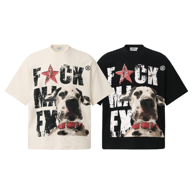 Men t shirts t american retrocouple street trendy waffle grids fabric dog design high street men's loose small round neck t-shirt