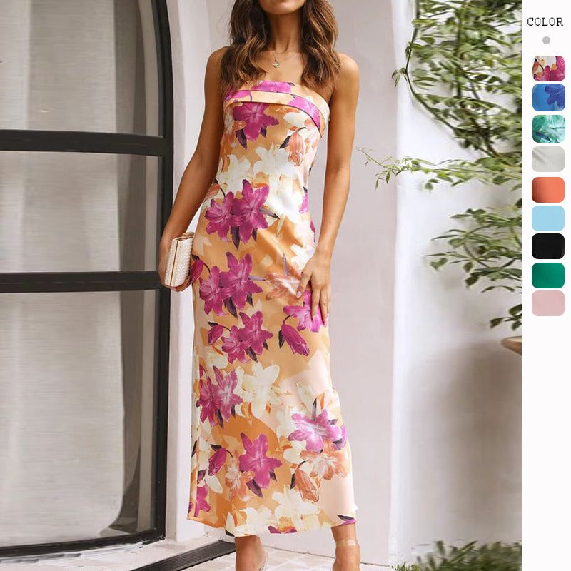 Women's dress - cross-border fashion, european & american amazon style, spring/summer elegant socialite satin backless bandeau dress with print