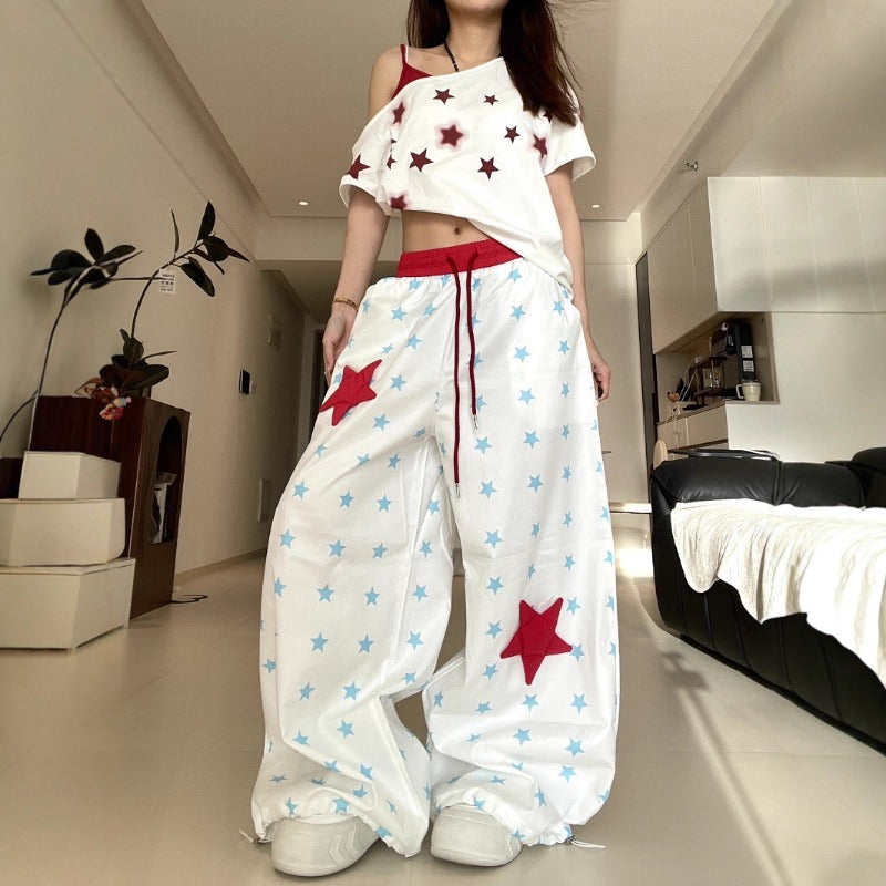 Womens casual pants women's summer loose retro star print elastic trousers