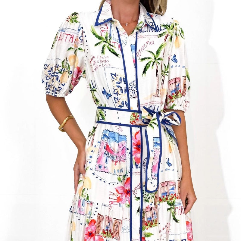 Women's dress: bestselling european and american cotton linen floral print tie-strap short sleeve dress for women - perfect for cross-border amazon and aliexpress