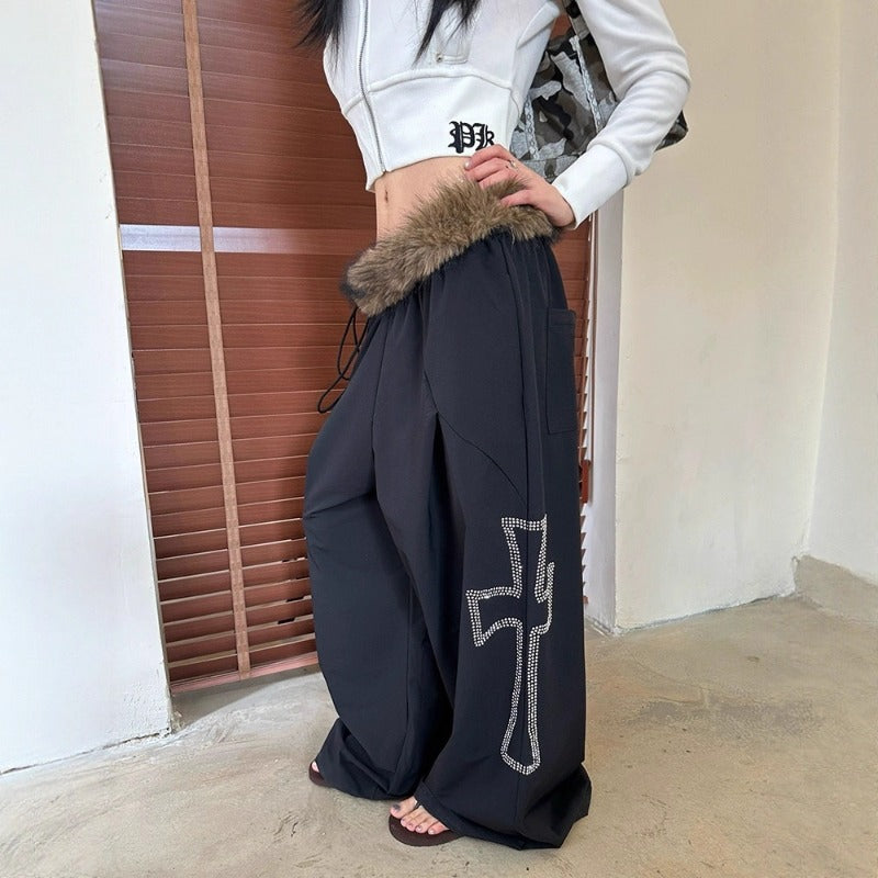 Women casual pants detachable fur collar