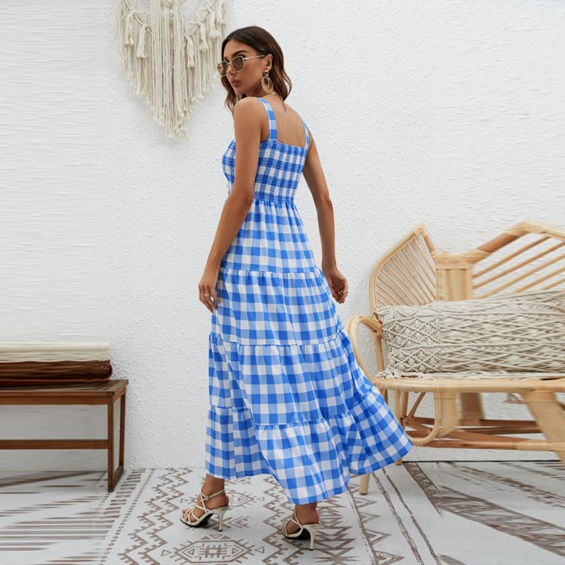 Women's dress - in-house photography, fashionable striped cami dress with cinched waist and flowy bohemian hem - wholesale women's apparel