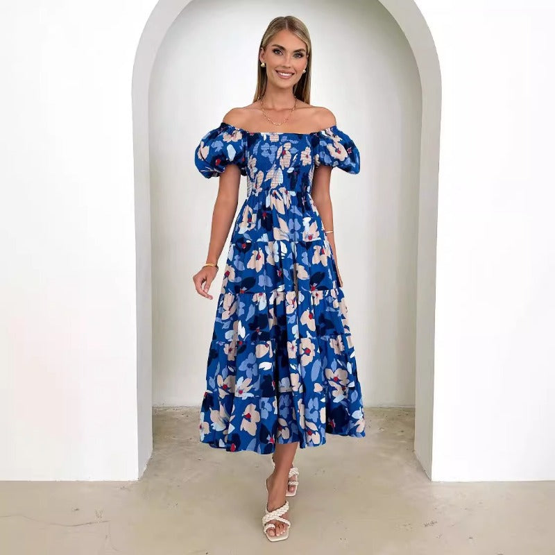 Women's dress - cross-border fashion: elegant summer print one-shoulder vacation dress - sexy, loose fit