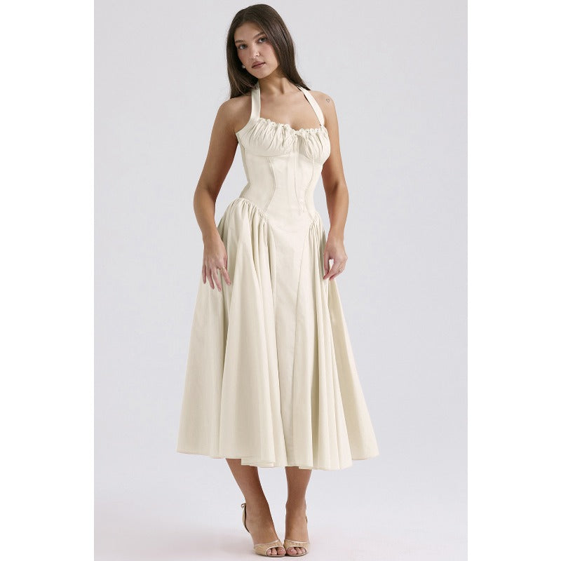 Women's summer slim-fit camisole maxi dress - european & american style fashion print halter neck lace trim dress