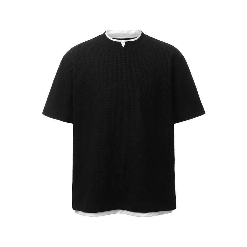 Men t shirts american retroheavy weight grids fake two-piece deconstructed design men's high street loose short-sleeved t-shirt