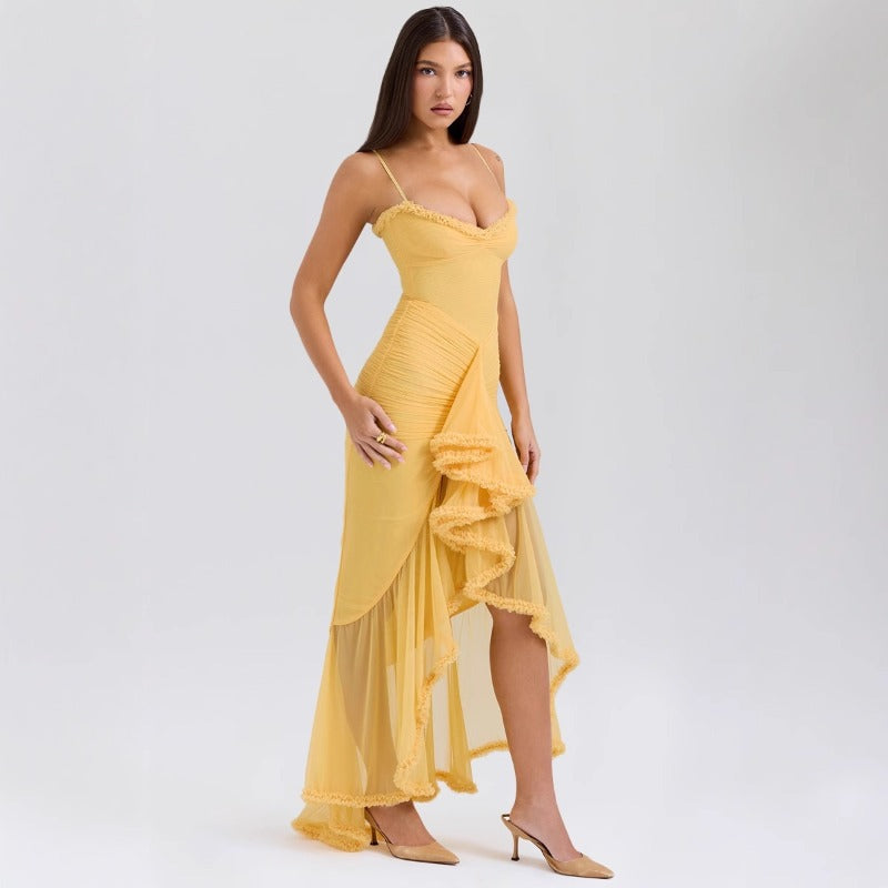 Women's dress - new summer collection: elegant yellow spaghetti strap lace maxi dress - hot girl style - wholesale foreign trade source - dress