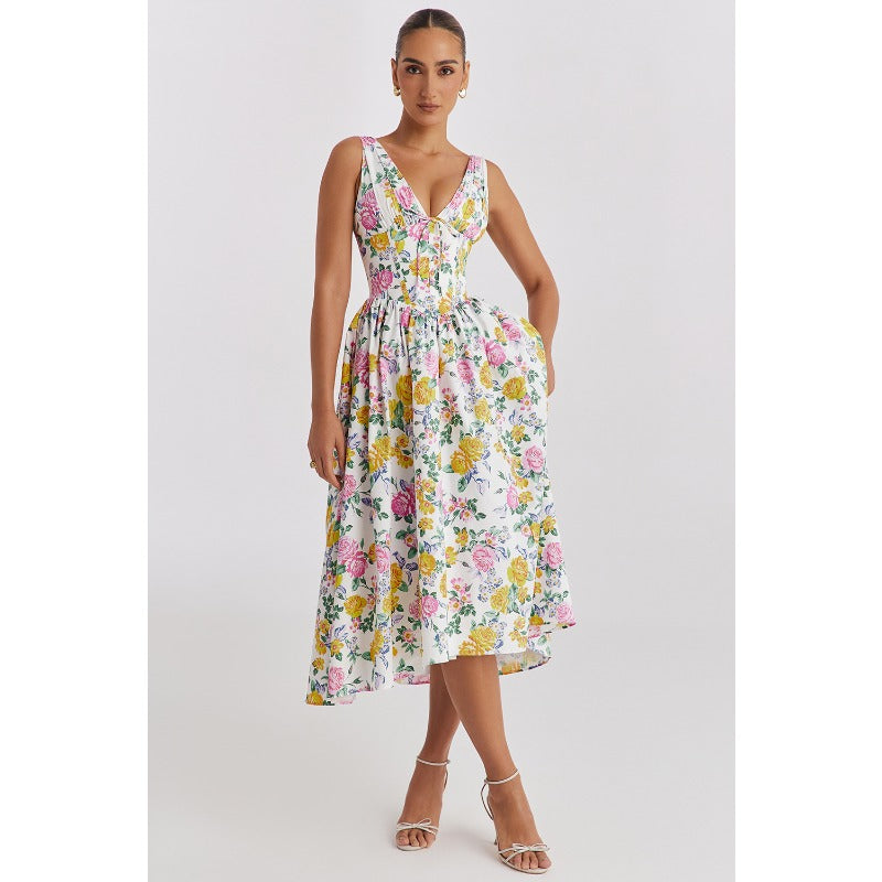 Women's dress - standalone store summer slim-fit camisole maxi dress - european & american style fashion print v-neck elegant dress