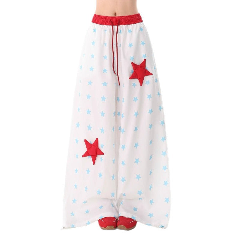 Women casual pants retro wide leg women summer elastic waist