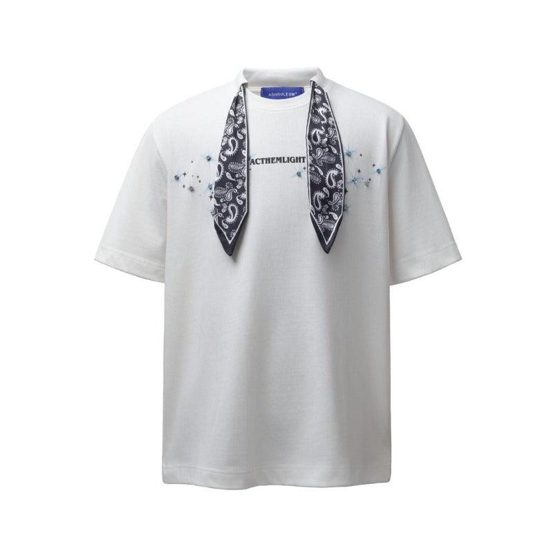Men t shirts american retroheavy weightg double yarn high quality street fashion high street round neck square scarf men's loose short-sleeved t-shirt