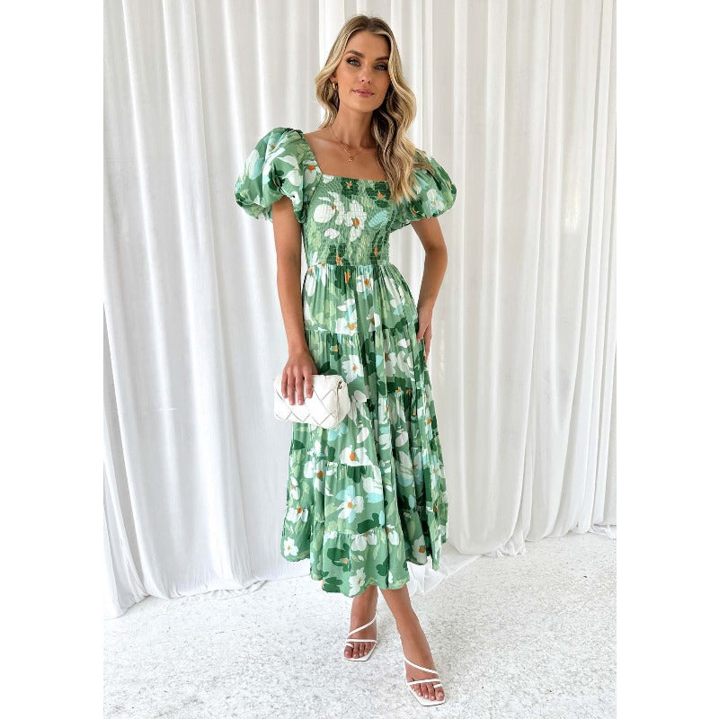Women's dress: bestselling spring/summer one-shoulder printed puffy sleeve a-line dress for cross-border e-commerce (us/european platforms)