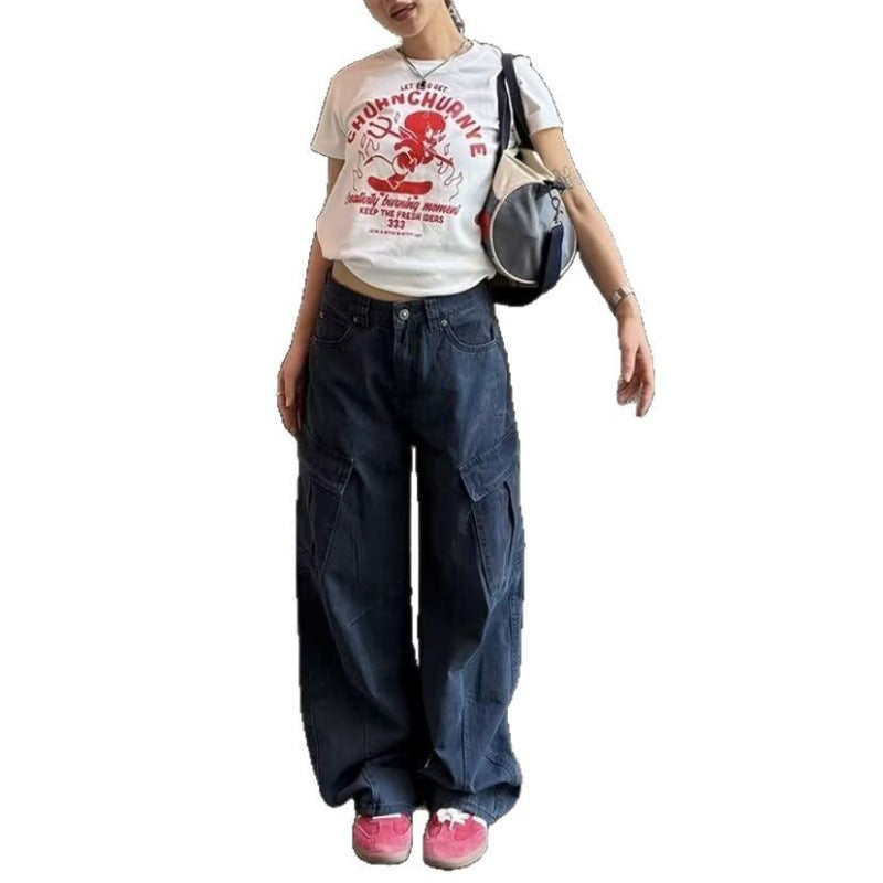 Women casual pants overalls, loose hip hop casual washed trousers