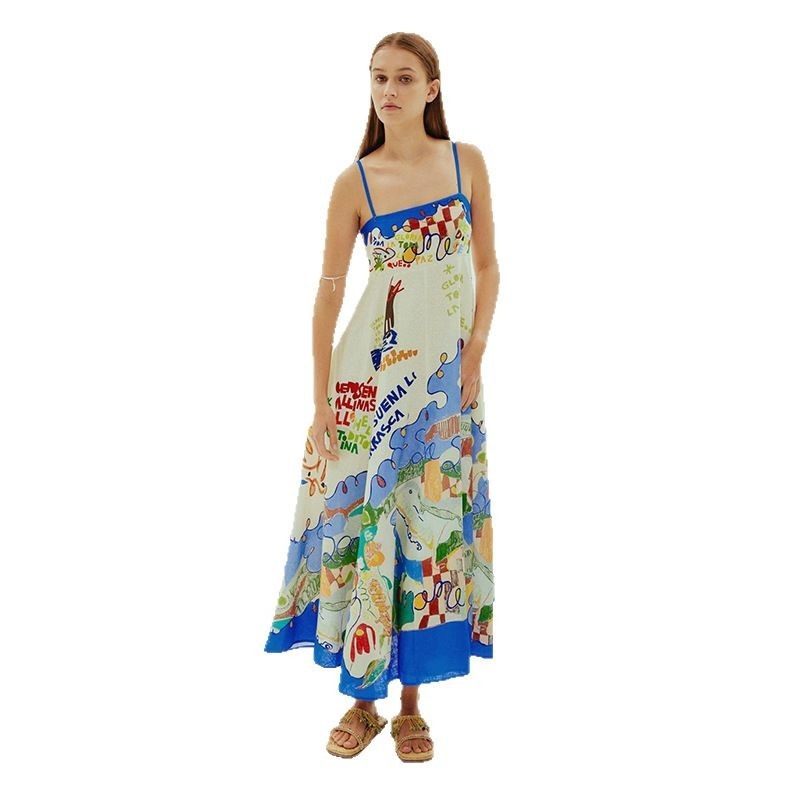 Women's dress - european & american style, cross-border aliexpress, independent website, sexy spaghetti strap, graffiti cotton linen print, maxi swing dress for women