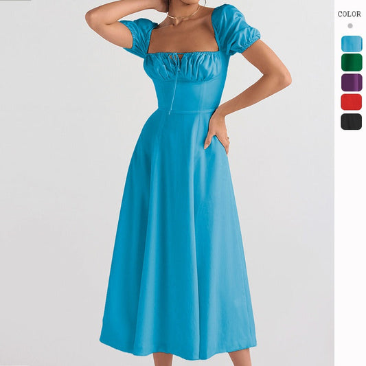 Women's high-waisted summer dress - european & american style - amazon fashion - slimming, elegant, bubble sleeve, tie-waist short sleeve dress