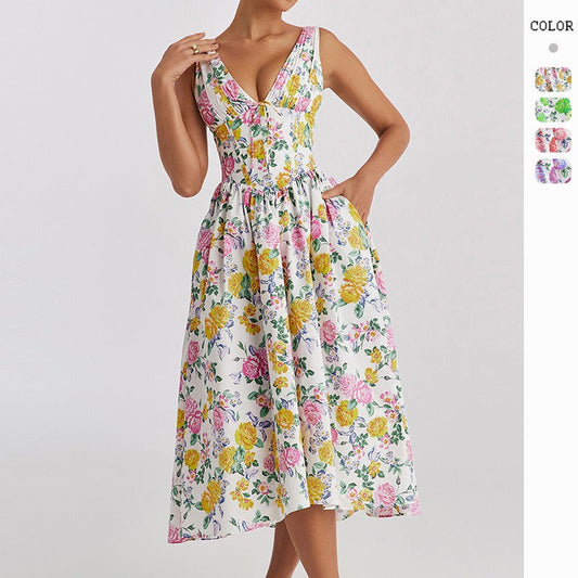 Women's dress - summer export, elegant v-neck, cinched waist, sleeveless, floral print, vacation dress, midi length