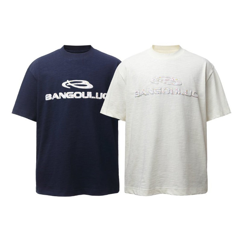 Men's t-shirts: american retro heavyweight double yarn padded print crew neck design, men's high street oversized short sleeve tee