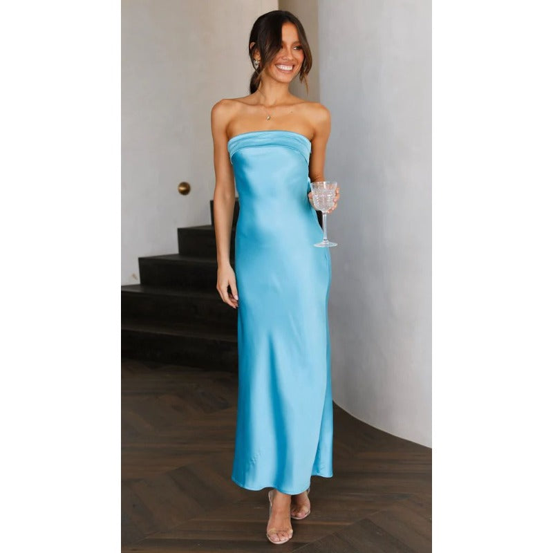 Women's dress - cross-border fashion, european & american amazon style, spring/summer elegant socialite satin backless bandeau dress with print