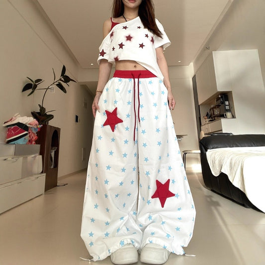 Womens casual pants women's summer loose retro star print elastic trousers