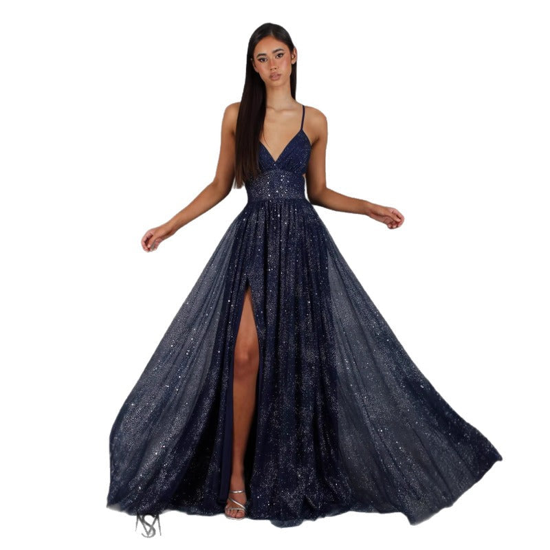 Women's dress - european & american cross-border fashion - amazon long sleeveless bandeau dress with gold accents, sexy spaghetti straps, and flowy skirt