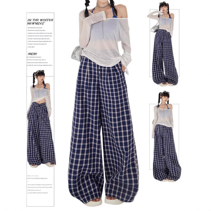 Women casual pants plaid summer hong kong style