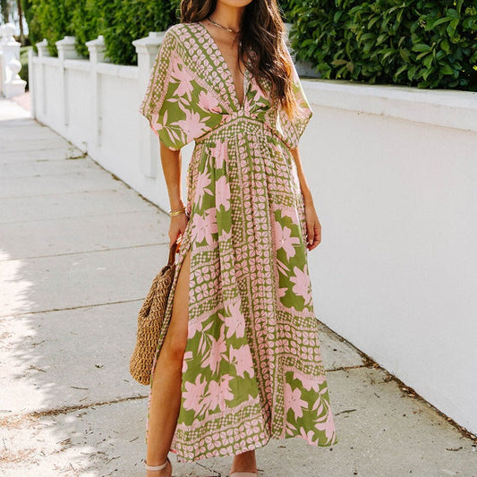 Women's summer dress - european & american style amazon long dress - high waist, spicy girl, batwing sleeve, v-neck, printed, sexy women's dress