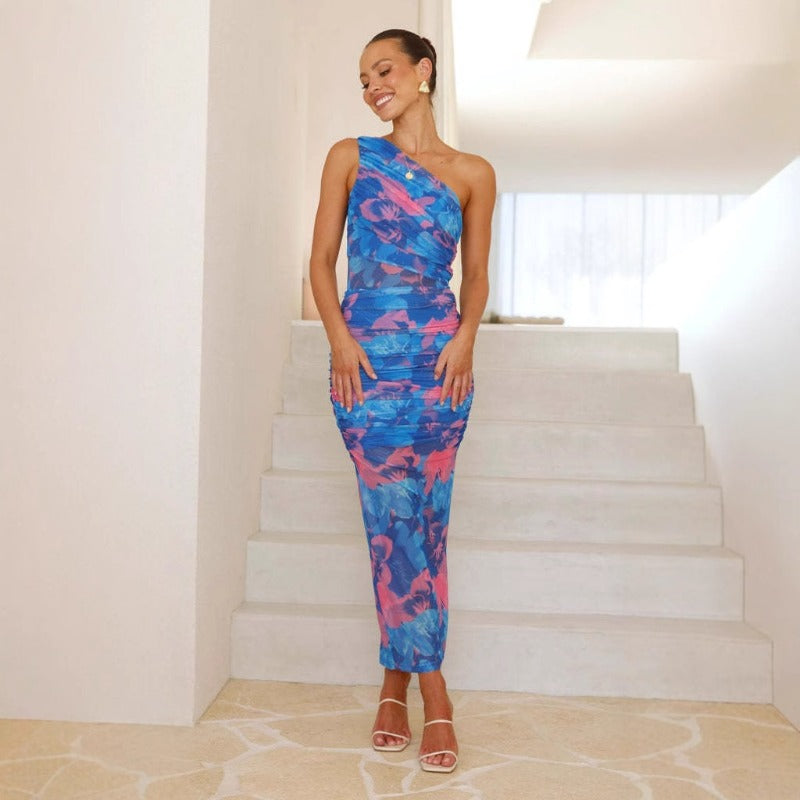 Women's dress - cross-border e-commerce, american style color block cami dress, slim fit, printed, one-shoulder sleeveless pullover dress for women