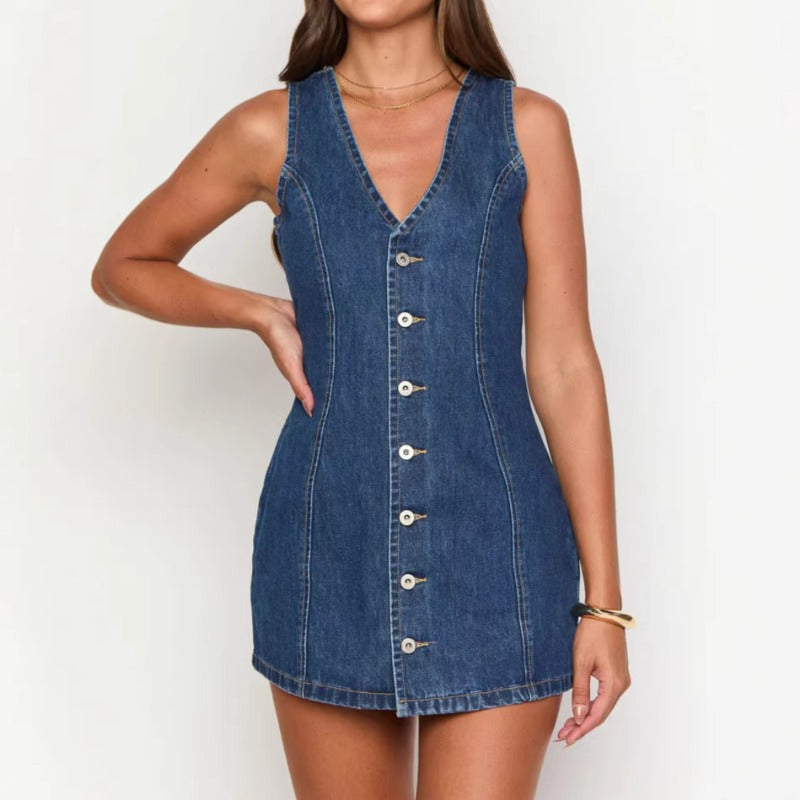 Women's dress - cross-border fashion: spring/summer european & american style button-down, tie-waist, vintage-inspired denim dress