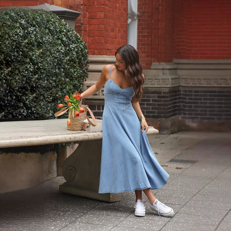 Women's dress: european and american spring/summer new cross-border amazon v-neck camisole distressed sexy elastic denim maxi dress