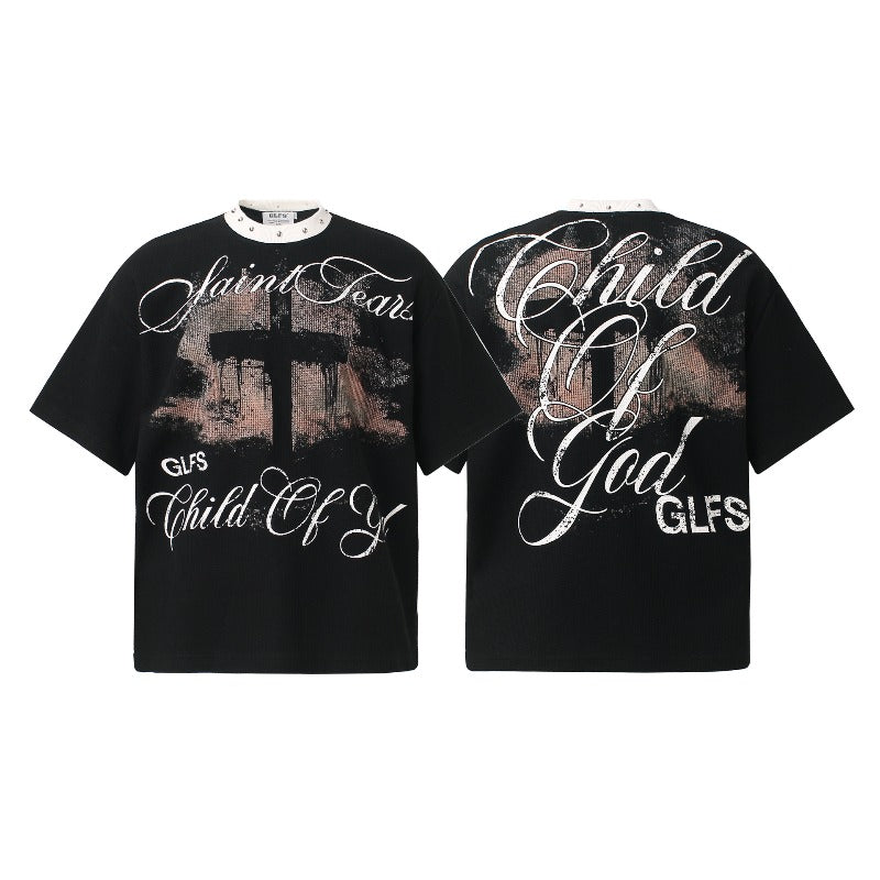 Men t shirts t american retrocouple street trendy waffle grids graffiti printing design high street men's loose round neck t-shirt