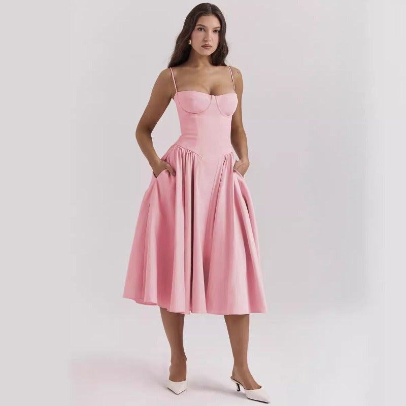 Women's summer amazon dress: french retro long dress, court style dopamine outfit, spaghetti strap dress for women